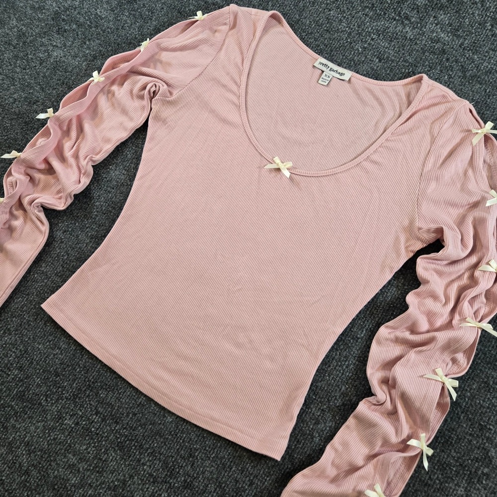 Pretty Garbage Peekaboo Bow Trim Cut Out Cropped Top Pink XS Coquette Balletcore